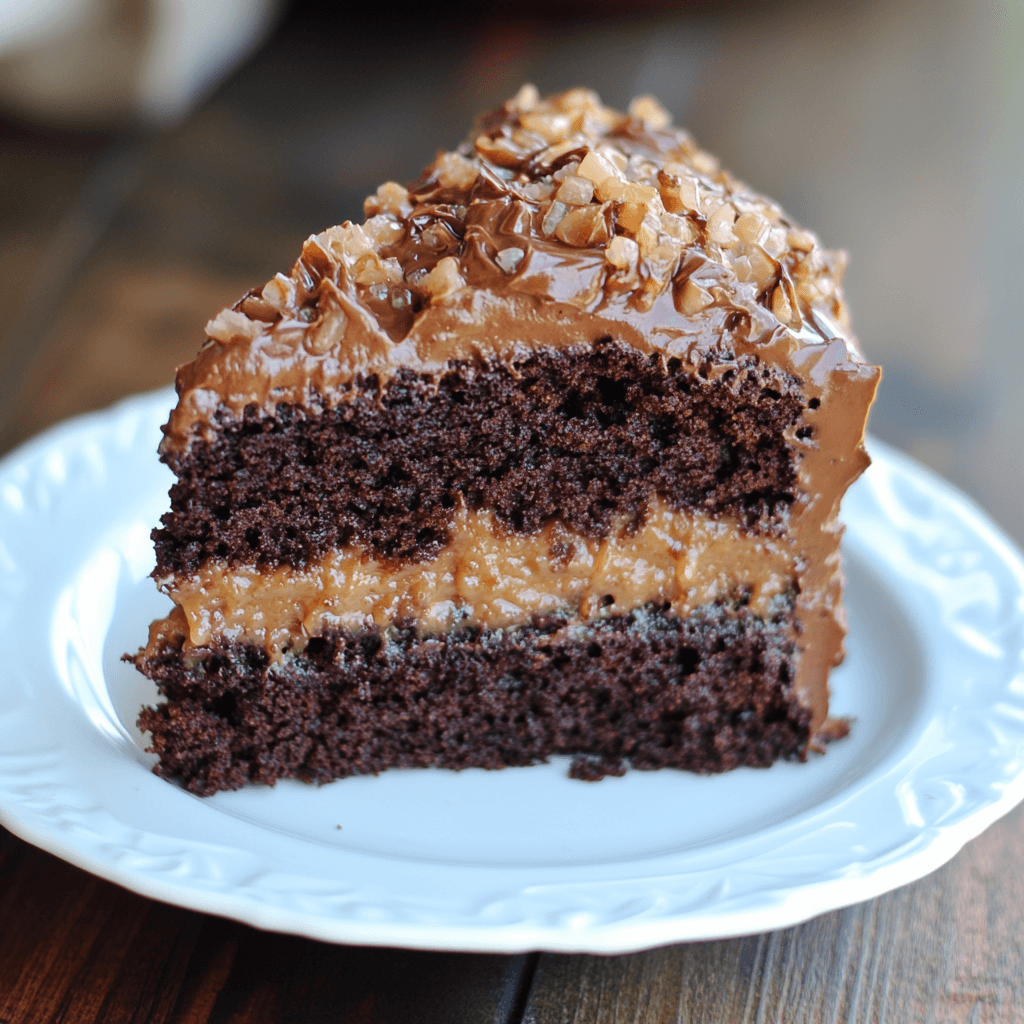 Perfect German Chocolate Cake – Moist, rich chocolate cake layered with a sweet coconut-pecan frosting for a classic, indulgent dessert.
