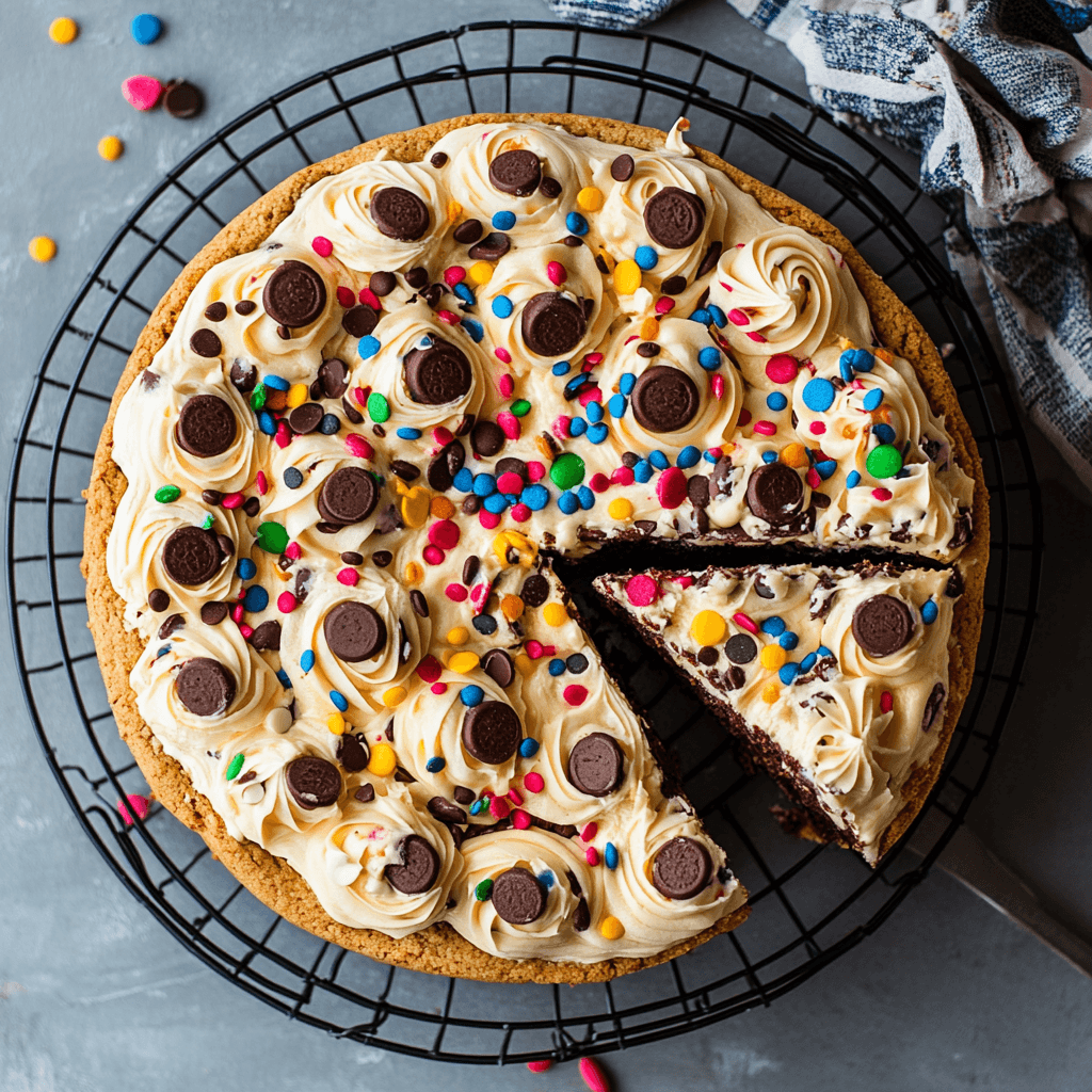 Ultimate Cookie Cake – A thick, chewy cookie cake loaded with chocolate chips and topped with rich frosting, perfect for celebrations and sweet cravings.