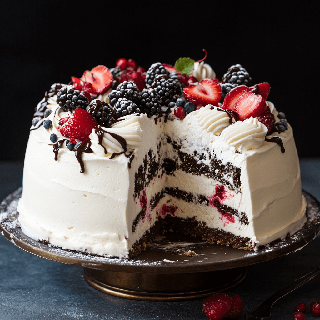 Easy Ice Cream Cake – Layers of creamy ice cream and rich cake, topped with whipped cream and chocolate drizzle for a decadent frozen dessert.