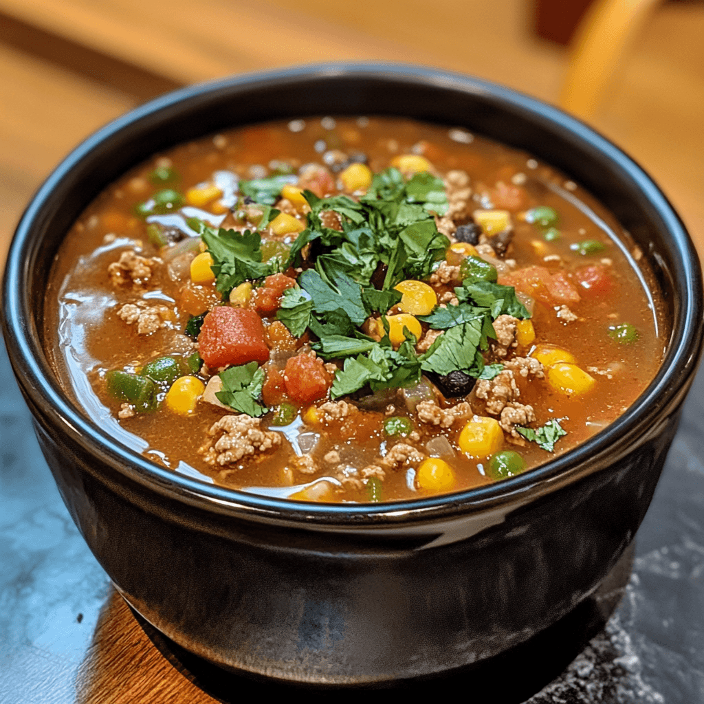 Easy Taco Soup – A bold and flavorful soup packed with seasoned ground beef, beans, and zesty taco spices for a quick and comforting meal.