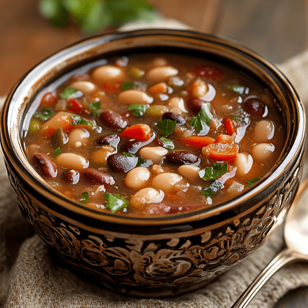 A bowl of 15-bean soup featuring a medley of beans, diced vegetables, and chunks of ham in a rich, seasoned broth.