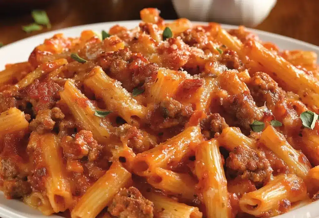 Baked Ziti with Sausage: A Comforting Weeknight Favorite the Whole Family Will Love A hearty serving of baked ziti with Italian sausage, layered with rich tomato sauce and melted cheese, served hot in a casserole dish.